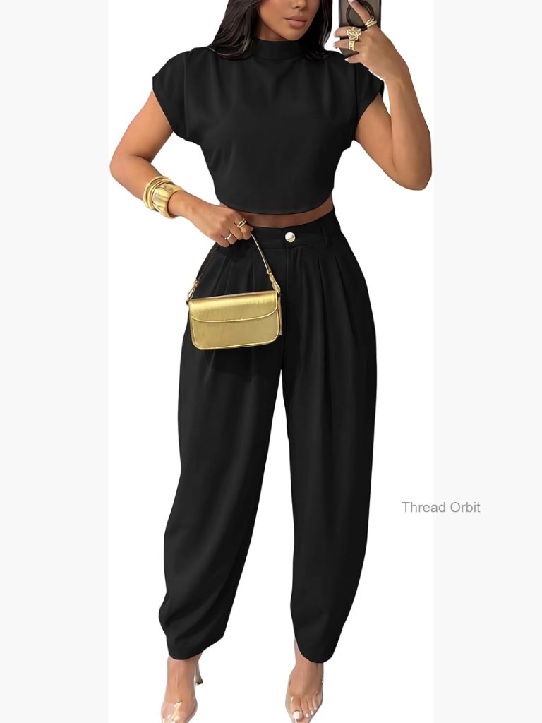 Women's 2-Piece Set Mock Neck Crop Top Palazzo Pants Casual Outfit